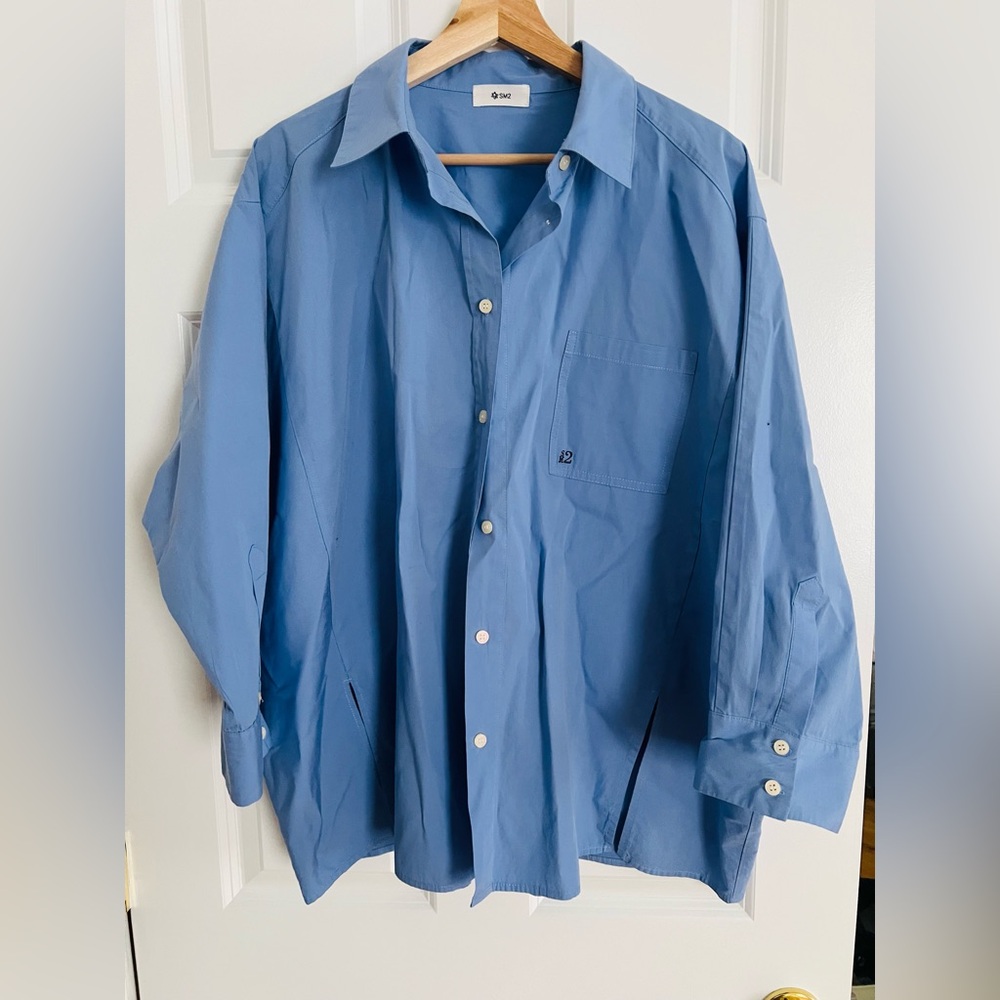 Japanese Chic Ladies Oversized Blue Button-Up Shirt